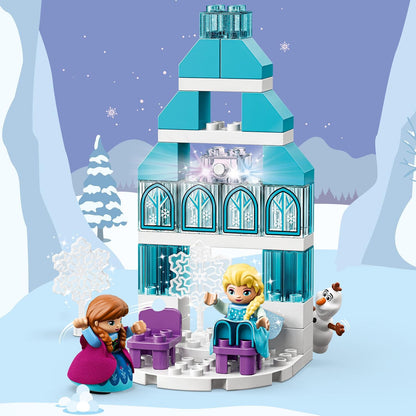 LEGO 10899 DUPLO Princess Frozen Elsa's Ice Palace, building set with light brick, Princess Elsa and Anna mini dolls, and snowman figure, toys for boys and girls aged 2 years and up.