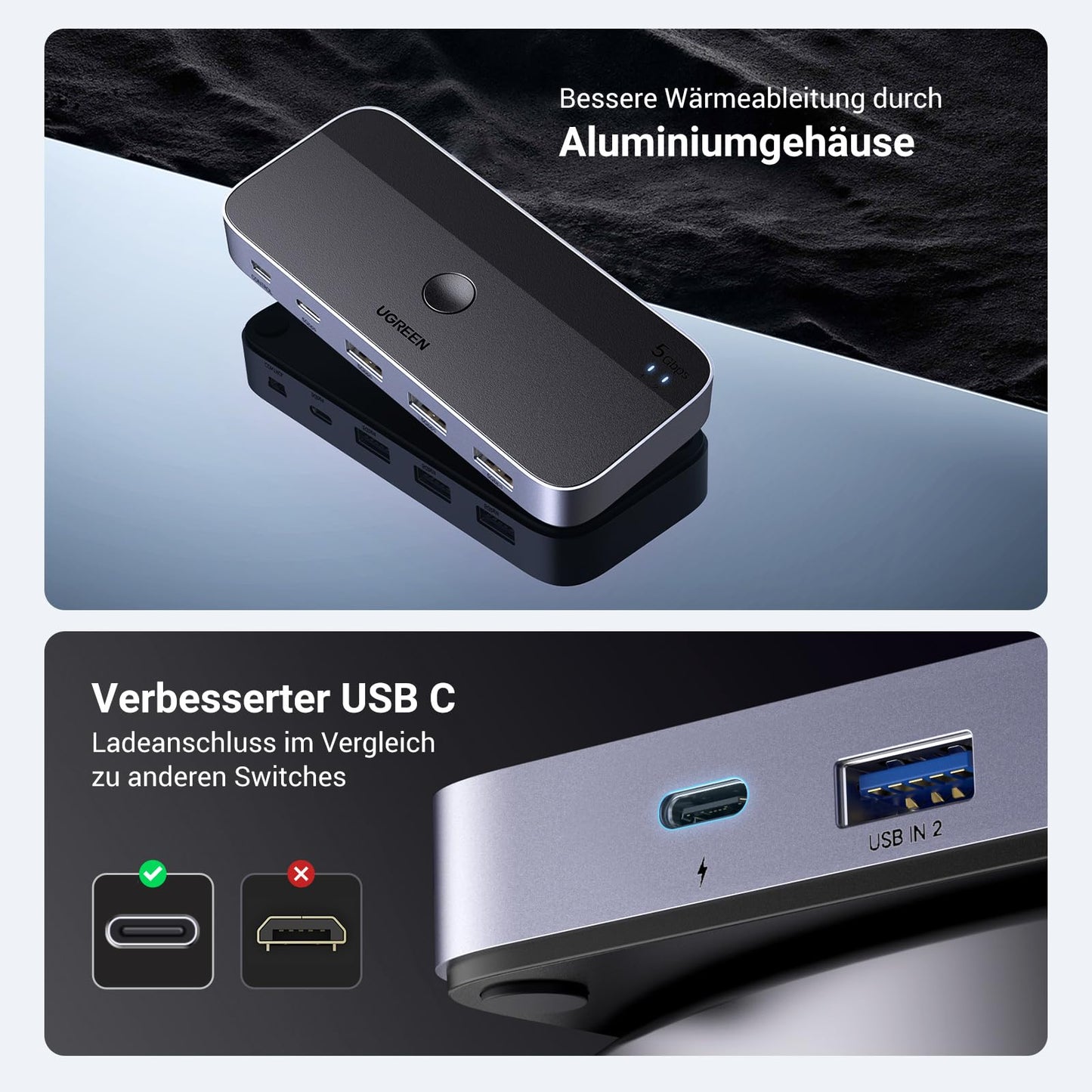UGREEN USB switch 2PC with 1C3A 3.0 ports, 2 in 4 out USB switch KVM switch aluminum case with desktop controller, 2*A to A cables for keyboard, mouse, printer, scanner, etc.