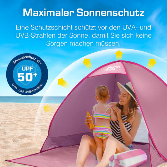 Active Era Pop Up Beach Shelter with UV Protection, UPF 50+ Beach Tent, Windbreak Shelter, Tent for 2-3 people including carrying bag and pegs - Pink