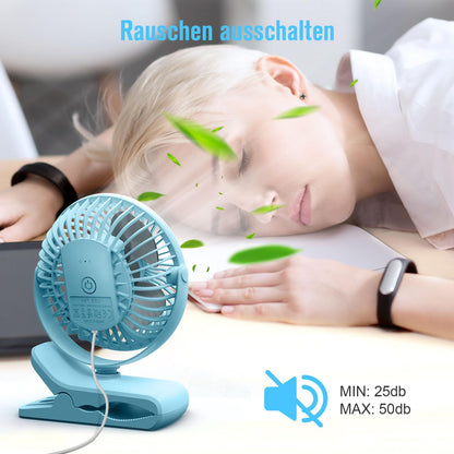HONYIN Mini Fan with Clip, 720 Degree Rotation Small USB Fan, Strong + Stable Clamp, 3 Speed Levels, Ideal as Desk Fan in Office and Bedroom.