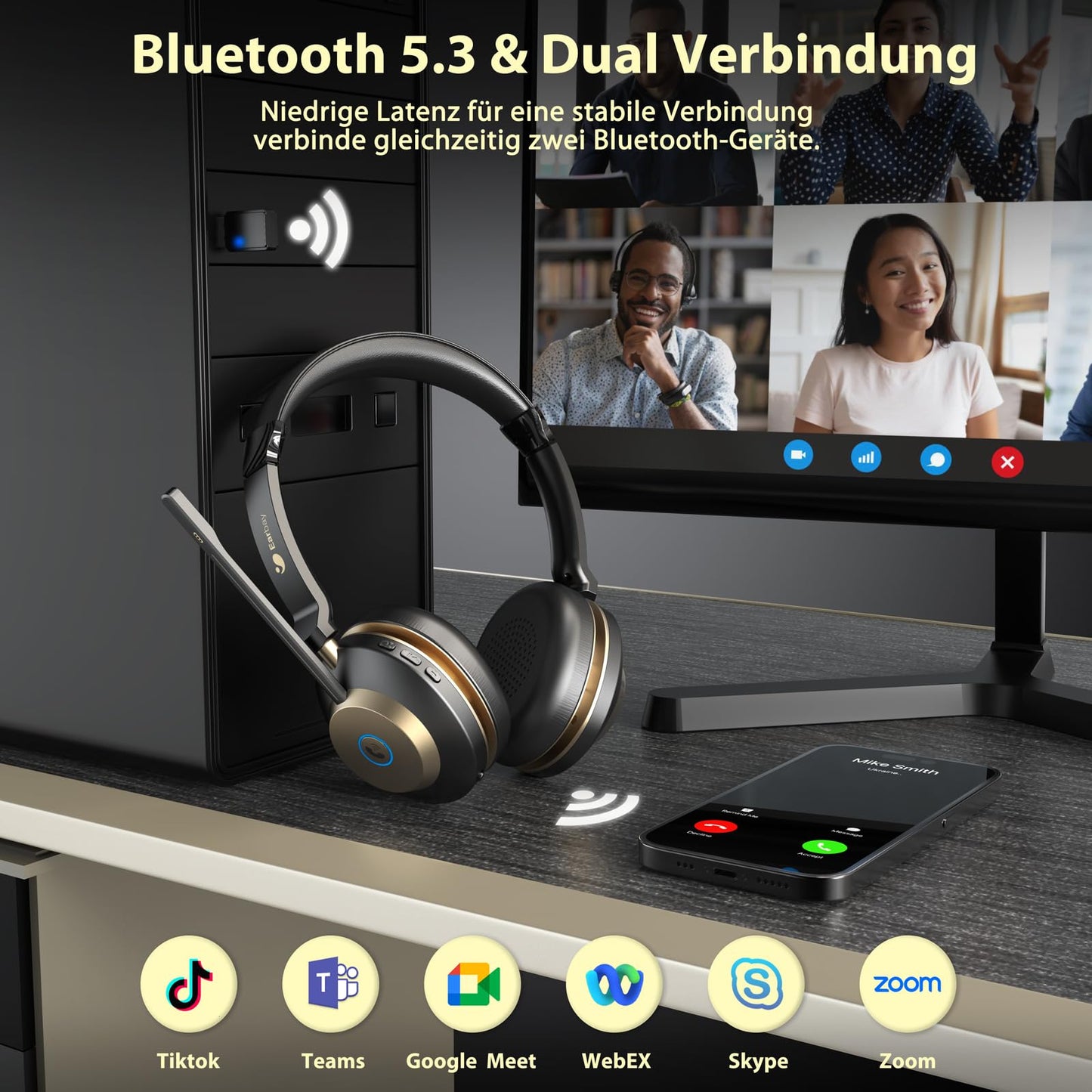 Earbay Wireless headset, Bluetooth headset with microphone noise cancellation & USB dongle, wireless with microphone mute & charging dock for computer/office/phone/call center/home/office