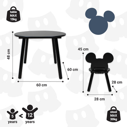 Disney Classic Mickey Mouse table and chair set for 2, holds up to 30 kg per stool, perfect for play and activities, compact, black.