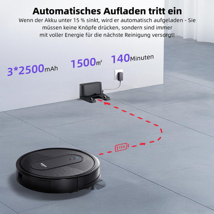 MONSGA robotic vacuum cleaner with mopping function 3 in 1, vacuum robot 3000PA, robot vacuum with 2 brushes, self-charging, WiFi, 140mins runtime, ideal for pet hair, carpet, hard floor (Black)