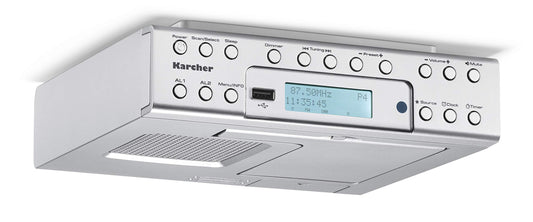 Karcher RA 2030D Under Cabinet Radio with DAB+ / FM Radio (20 presets each) and MP3 playback - Alarm clock (Dual Alarm) / Countdown Timer - Smartphone holder & USB charger - Remote control