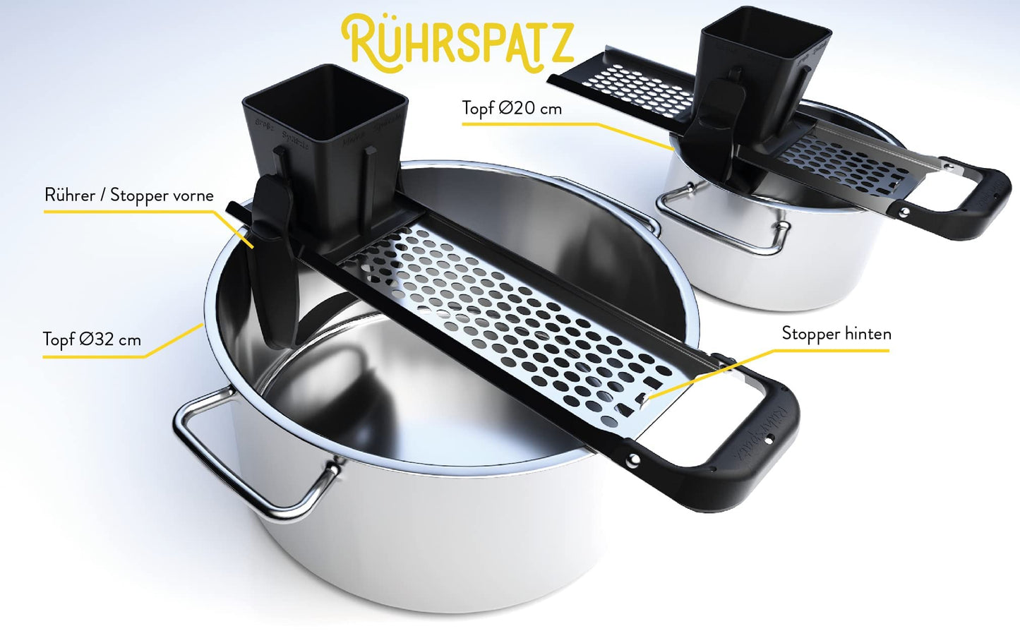 Rührspatz® patented in the Allgäu region: Stainless steel spätzle maker with stirring function, extra large dough container, cooks spätzle 4x faster! No more messy stovetop with stop function [Pot diameter up to 32 cm].