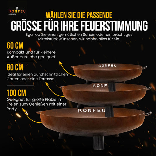 BonFeu BonBowl Plus fire bowl 80 cm - fire bowls for the garden - outdoor fire pit - fire bowl with optional grill grate made of high-quality Corten steel - fire basket for the garden - 80x80x23.5cm