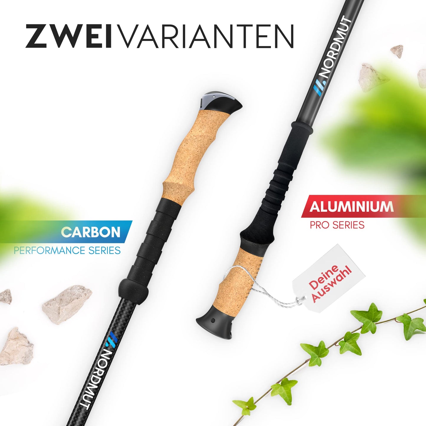 NORDMUT® hiking poles telescope aluminum | Nordic walking sticks for women and men | Ultra-lightweight trekking poles [with rubber buffer set] adjustable with genuine cork grip.