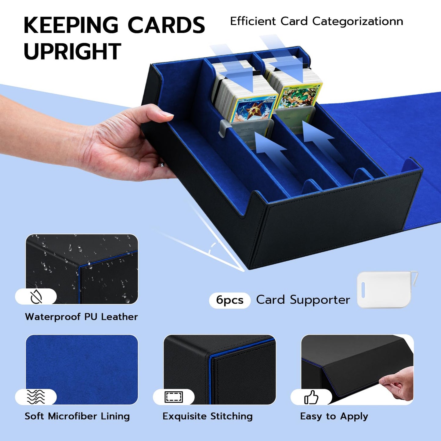 Tolesum Card Deck Box for MTG, Holds 1800+ cards with dividers, PU Leather Strong Magnetic Trading Card Storage Box Compatible with Magic Commander TCG Cards - Black and blue.