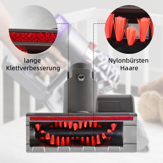 Mini turbine nozzle for Dyson V7/V8/V10/V11/V15 vacuum cleaners, quick release brush roll for sofa, car seats, chairs, removes dust mites and allergens.