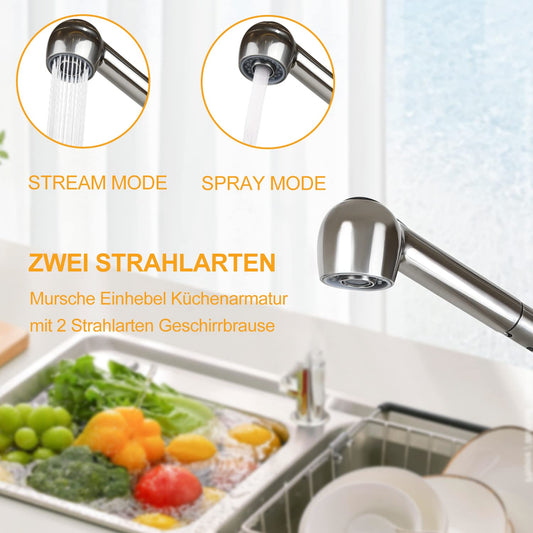 Wall-mounted kitchen faucet with pull-out sprayer: Brushed stainless steel faucet with hand shower mixer tap sink faucet with 2 spray modes 360° rotatable kitchen tap for sink garden bathroom