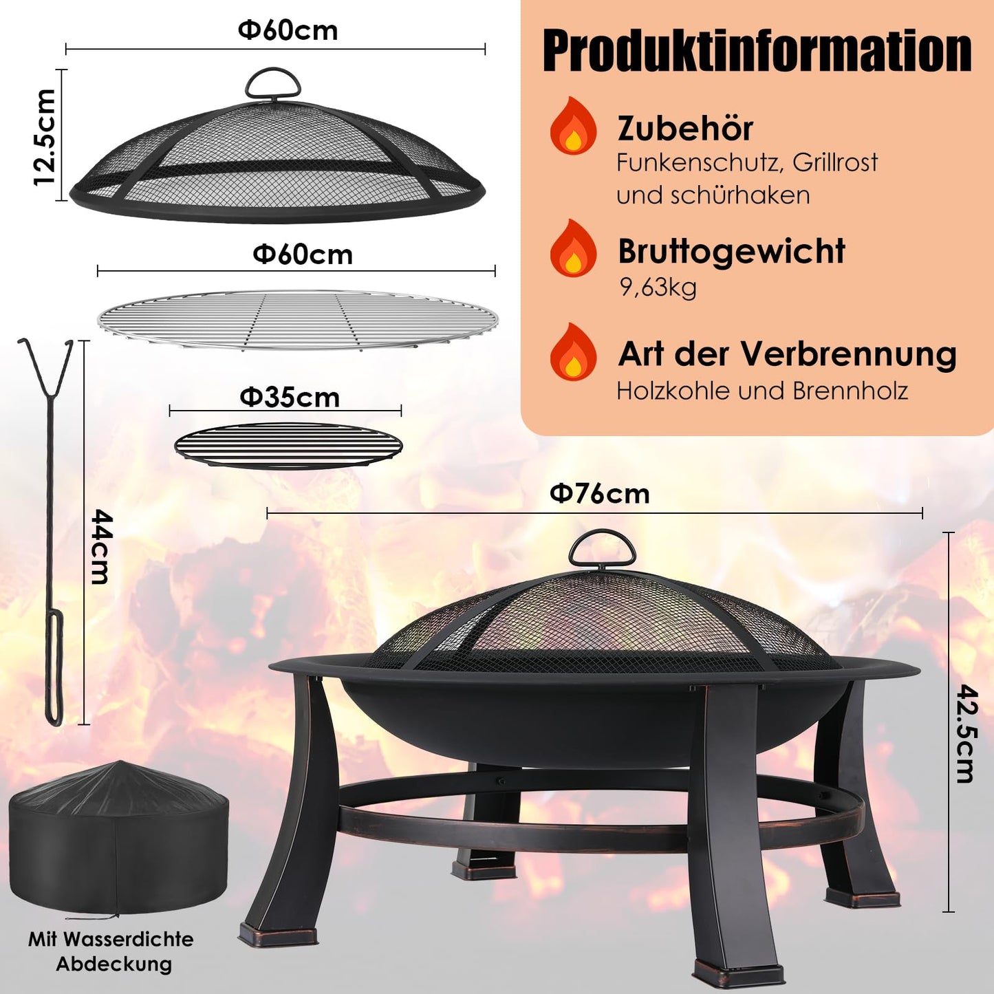 TLGREEN fire pit with spark protection, Φ76cm fire bowl with grill grate, retro-style fire pit for the garden, BBQ fire pit grill, stable and functional, black, large.