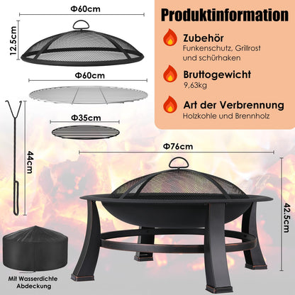 TLGREEN fire pit with spark protection, Φ76cm fire bowl with grill grate, retro-style fire pit for the garden, BBQ fire pit grill, stable and functional, black, large.