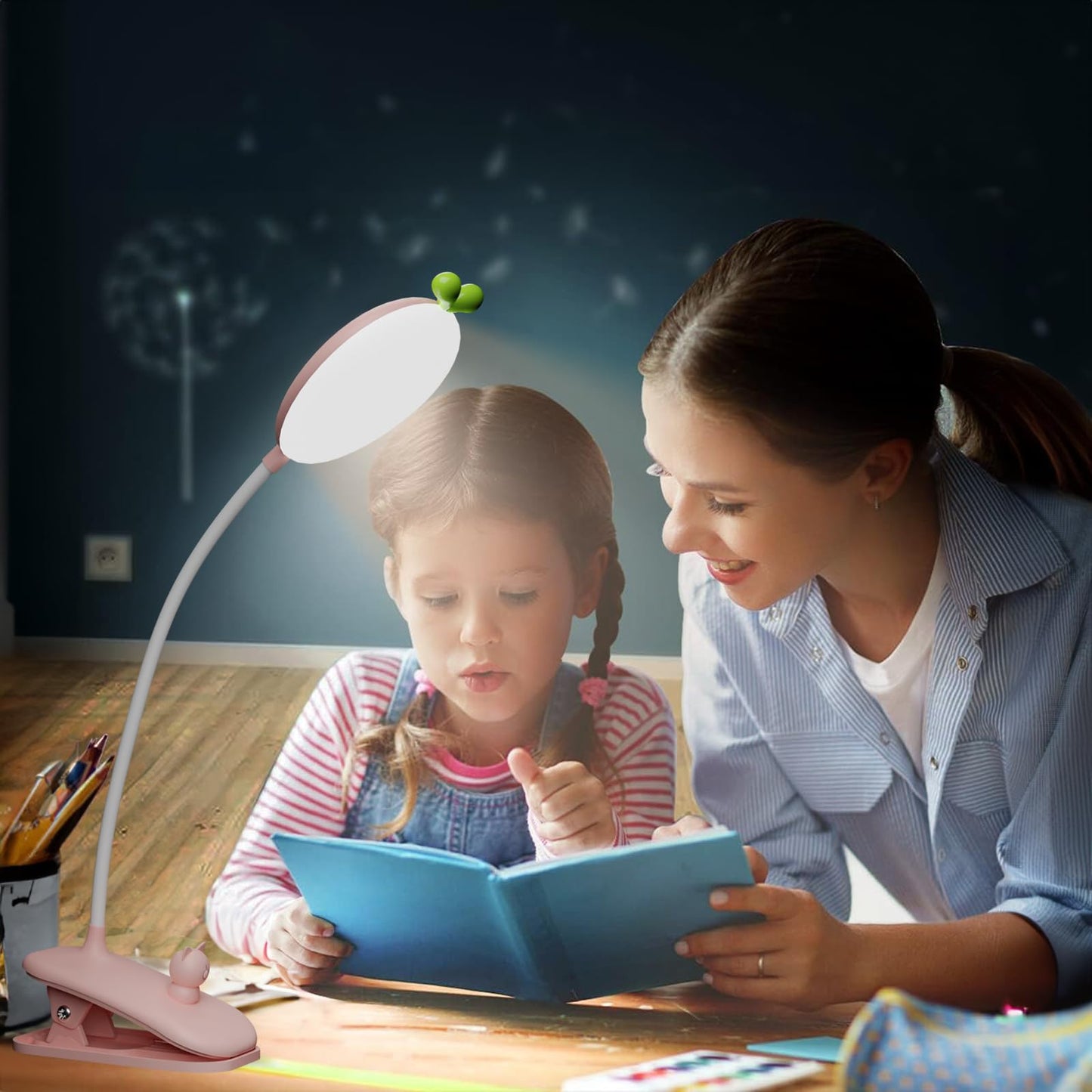 QJUZO Clip-on bedside lamp for children, LED clip light with dimmable reading lamp, book clip USB rechargeable desk lamp with flexible gooseneck, 2400mAh battery, pink