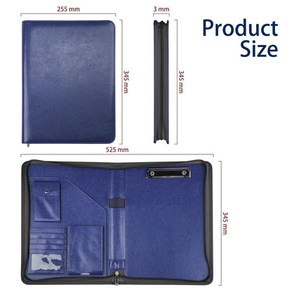 NEWYES A4 document folder, water-resistant with zipper & clipboard, faux leather portfolio perfect for business trips, teachers as a gift, or office use - Dark Blue.