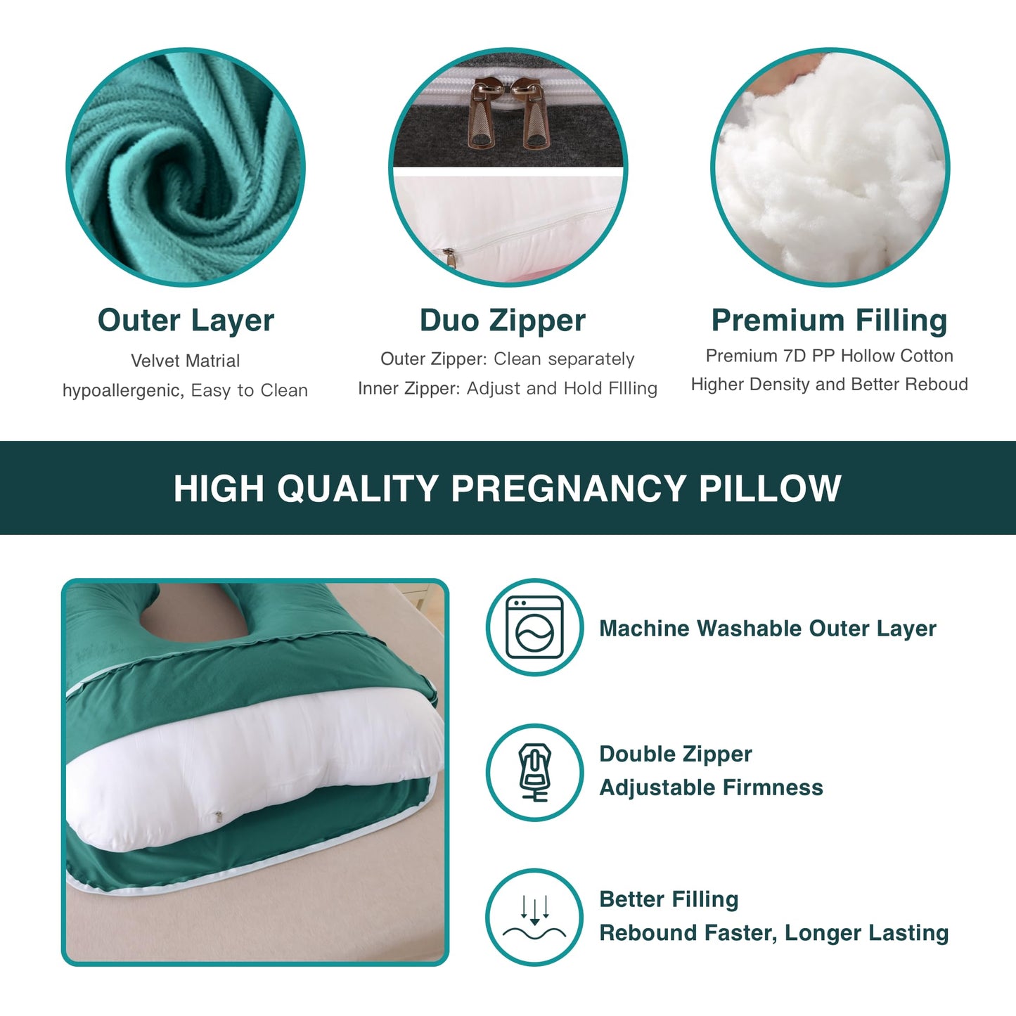 ALLOPERA Pregnancy Pillow, Full Body Maternity Pillow 57 inches, with Removable Washable Cover - Sleep Support for Legs, Back, Neck, Shoulder, HIPS, Belly, Velvet Cover (Dark Green)