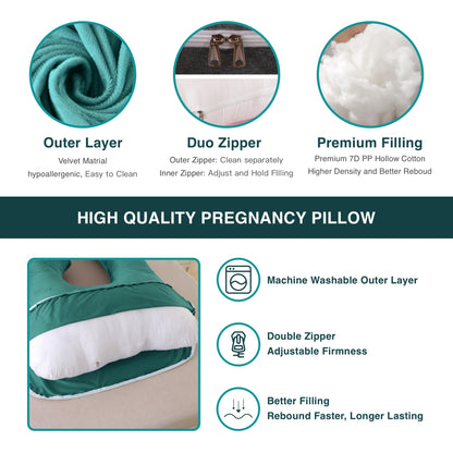ALLOPERA Pregnancy Pillow, Full Body Maternity Pillow 57 inches, with Removable Washable Cover - Sleep Support for Legs, Back, Neck, Shoulder, HIPS, Belly, Velvet Cover (Dark Green)