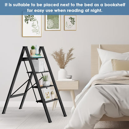 TLGREEN Aluminum Step Ladder 4-Step Foldable Ladder Non-Slip Step Ladder Household Ladder Multifunctional Step Stool Easy to Store up to 150kg Capacity for Kitchen Household Outdoor Office Black