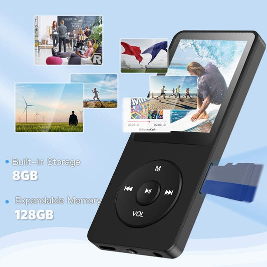 Bluetooth 5.0 MP3 MP4 player, portable HiFi music player, built-in HD speakers, FM radio, video playback, picture search, APE, FLAC, WMA, WAV, AAC LC format support.