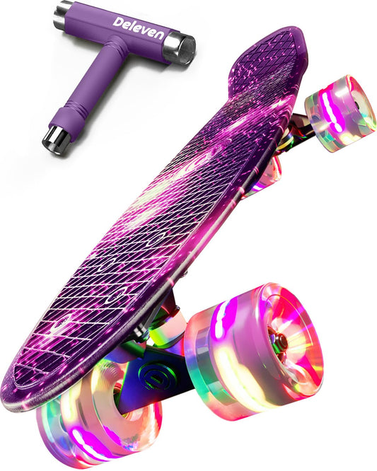 Deleven skateboard with LED wheels, skate tool, and ABEC 7 bearings - for kids, adults, beginners - 56 cm.