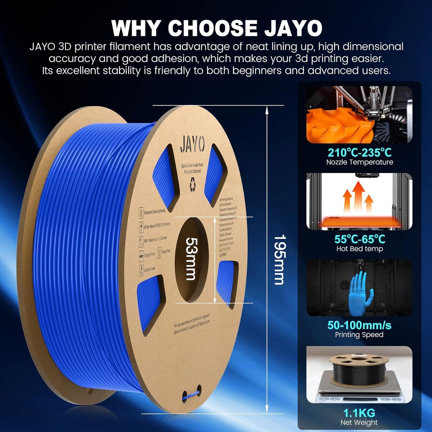 JAYO PLA+ Filament 1.75mm, PLA Plus 3D Printer Filament 1.1kg Spools, Dimensional Accuracy +/- 0.02, Transparent Blue PLA+