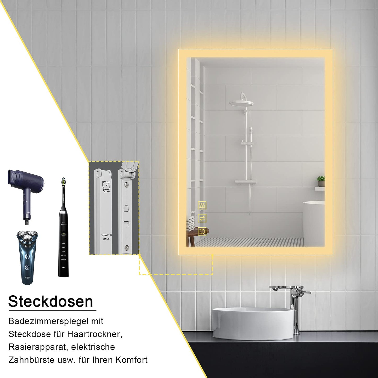 AI-LIGHTING Bathroom Mirror with Lighting 80x60 cm LED Lighted Bathroom Mirror with Socket, Fog-Free, 3 Light Colors Illuminated Mirror with Touch Switch Energy Efficient, Lunar Rectangle
