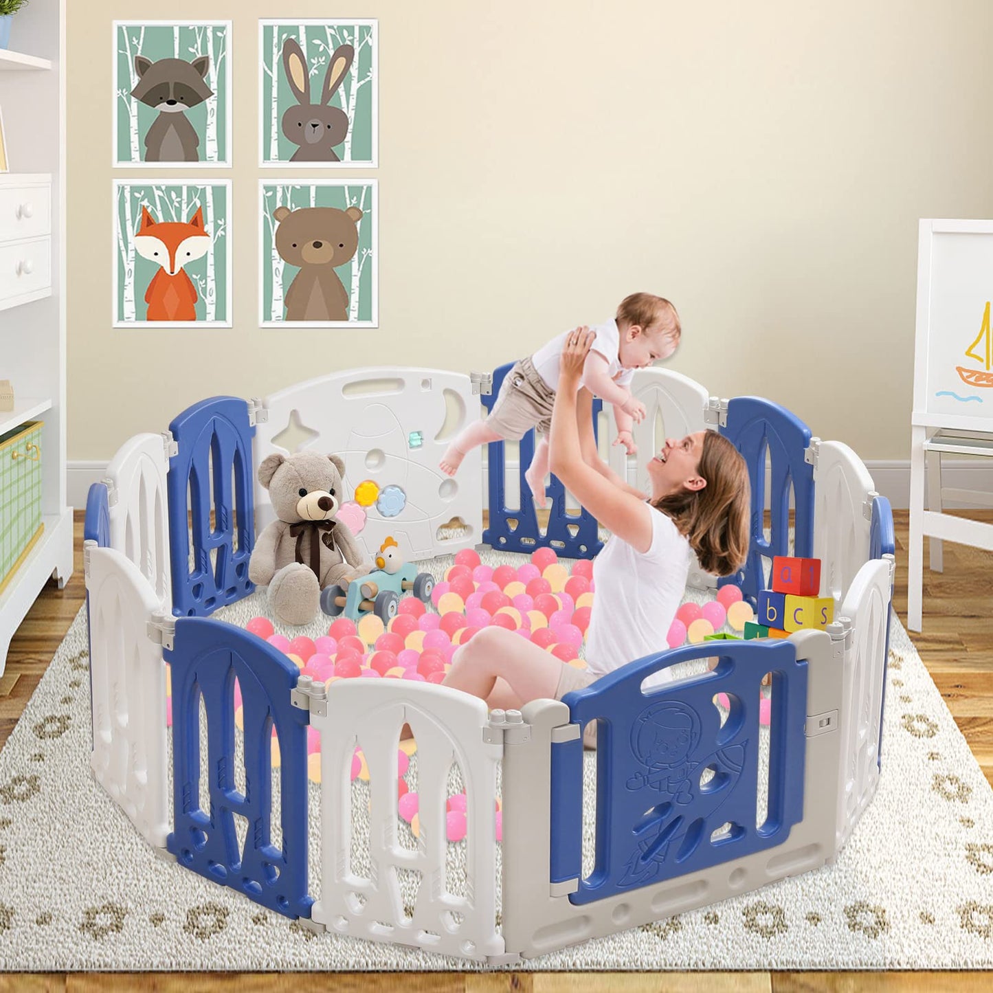 NAIZY Playpen for Baby 12+2 foldable Playard with Toy Panel & Door Panel Crawling Grid Non-slip HDPE Safety Gate Playpen for Kids Indoor and Outdoor, Blue+White