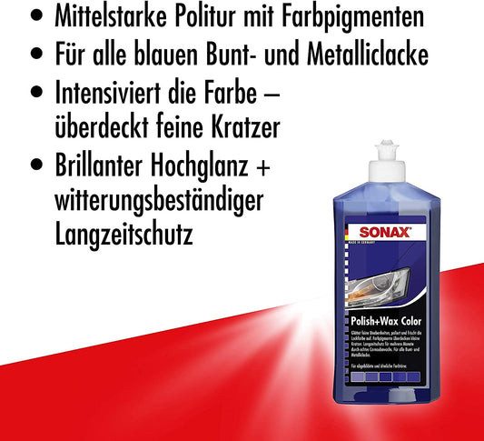 Detailmate SONAX Hand Polishing Set - SONAX Polish+Wax Color blue 500ml + Hand polishing sponge Puck in composite construction hard Ø90/50mm Edgeless Superplush Microfiber Polishing Cloth 550GSM
