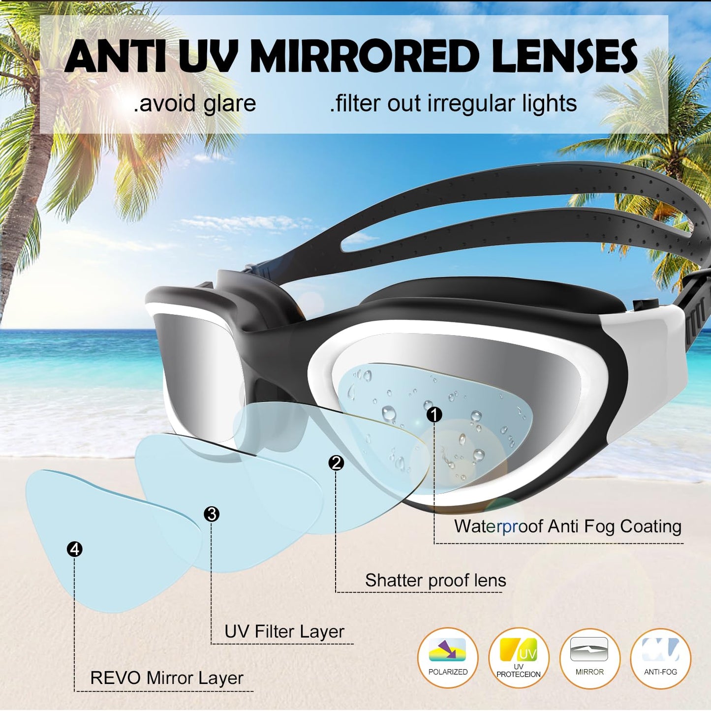 Winline Polarized/Non-polarized Swimming Goggles for Adults Teens, Anti-fog UV Protection Waterproof Clear Vision easy to adjust with soft nose bridges for Men Women