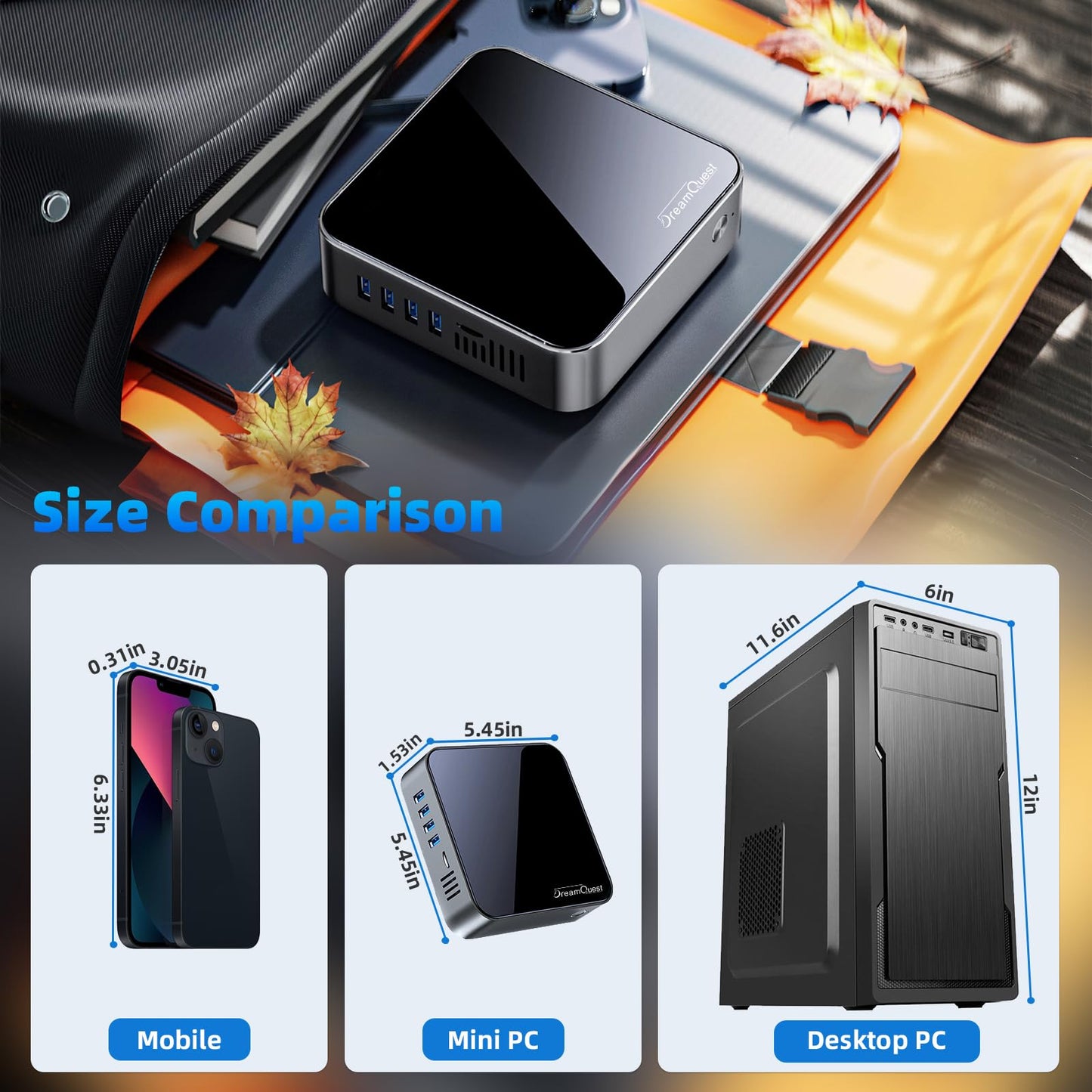 DreamQuest Mini PC with Windows 11 Pro pre-installed, Intel 12th Gen N95 (up to 3.4GHz), 16GB DDR4 RAM, 512GB M.2 SSD. Micro desktop computer with 4K HDMI, USB 3.2, Gigabit Ethernet, WiFi 5. Perfect for business and home theater.