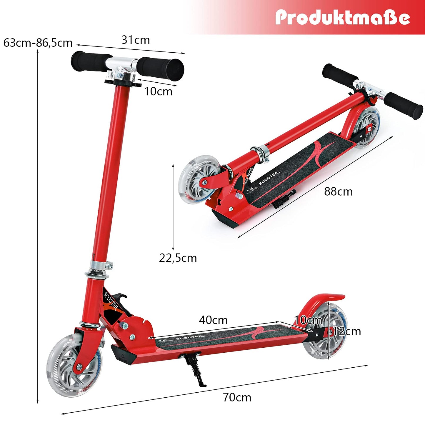 GYMAX Foldable Kids Scooter, Children's Scooter with LED light-up wheels, Kick scooter 3 height adjustable up to 70kg load-bearing capacity, Kick scooter for boys & girls aged 4 years and above (Red)