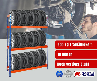 PROREGAL Tire Rack Tiger XL | HxWxD 200x150x45 cm | 300kg shelf load | up to 18 tires (205/55 R16) | Blue/Orange | Workshop Shelf, Storage Shelf, Basement Shelf