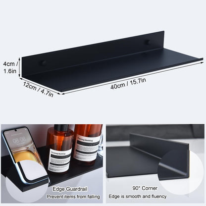HNVNER Shower Caddy Without Drilling 2 Pieces, Metal Wall Shelf Black 40CM, Shampoo Holder for Shower, Floating Shelf for Storage for Bathroom, Living Room, Kitchen, Bedroom, Office