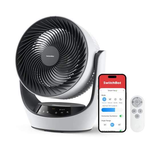 SwitchBot USB desk fan, powerful 24 dB quiet battery-operated circulation fan, Compatible with Alexa/Google/Siri (Hub required), 4 modes, 9-hr timer, energy-efficient circulation fan.
