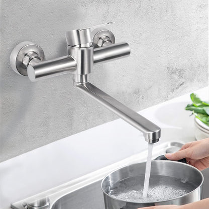 Wall-mounted stainless steel kitchen faucet, 360° rotatable, cold and hot water mixer, swivel arm 23cm, brushed.