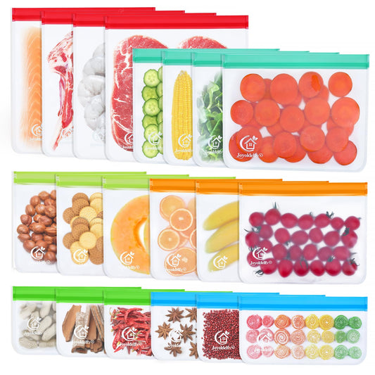 Joyoldelf Food Bag Reusable, Food Storage Bag PEVA Silicone Bag Freezer Bag Reusable, Reusable Food Ziplock Bag, Zip Bag Reusable, 20 Pieces