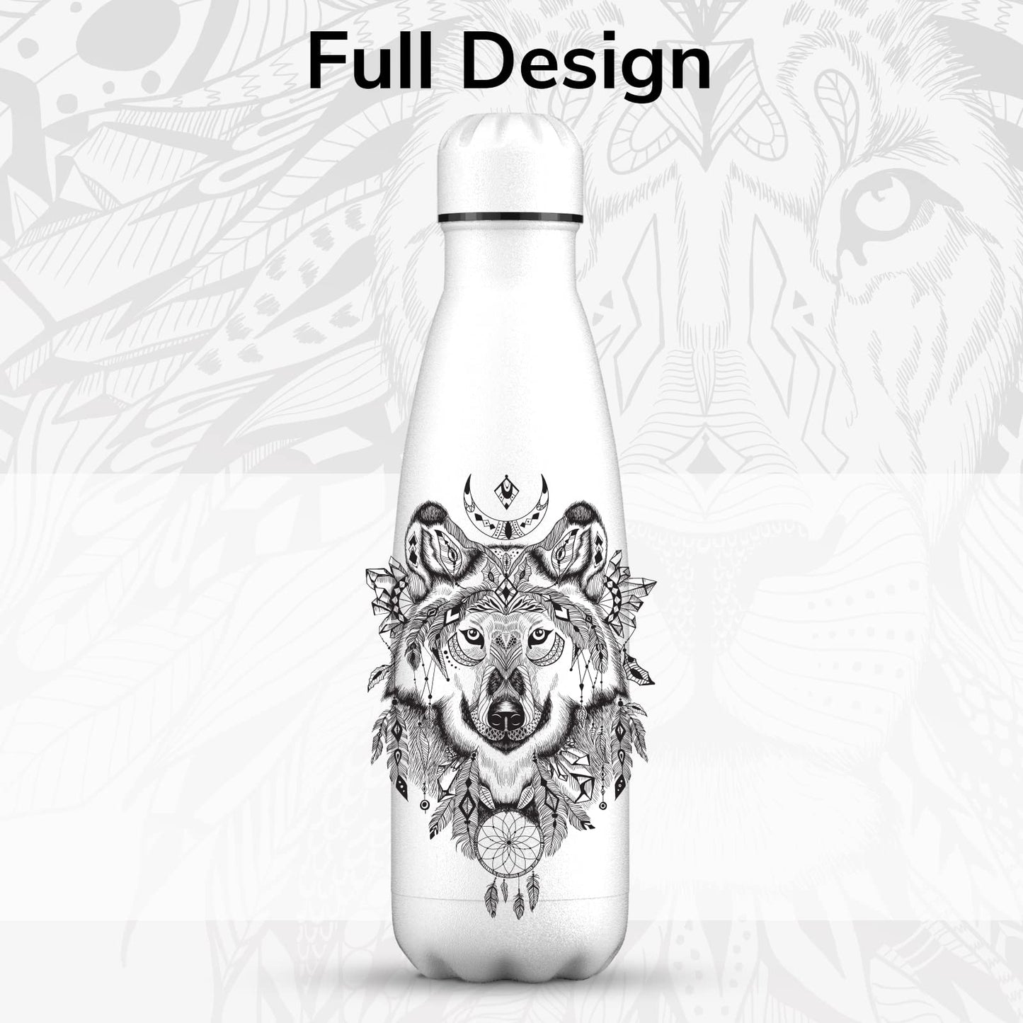 Proworks Stainless Steel Water Bottle | 24 Hrs Cold & 12 Hrs Hot - Vacuum Insulated Bottle for Sports, Running, Biking, Yoga, and Camping - 500ml - All White - Wolf Aztecs