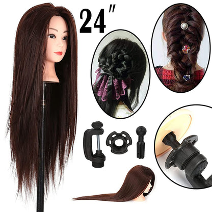 Youyijia Practice Head Training Heads 24" Mannequin Head Hair With Holder Training Head Hairstyling doll head Mannequin Head Holder (brown)