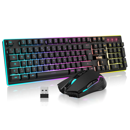 RedThunder K10 Wireless Gaming Keyboard and Mouse, LED backlighting, rechargeable 3800 mAh battery, mechanical feel, Anti-Ghosting + 7D 3200 DPI mouse, QWERTY layout, PC gamer