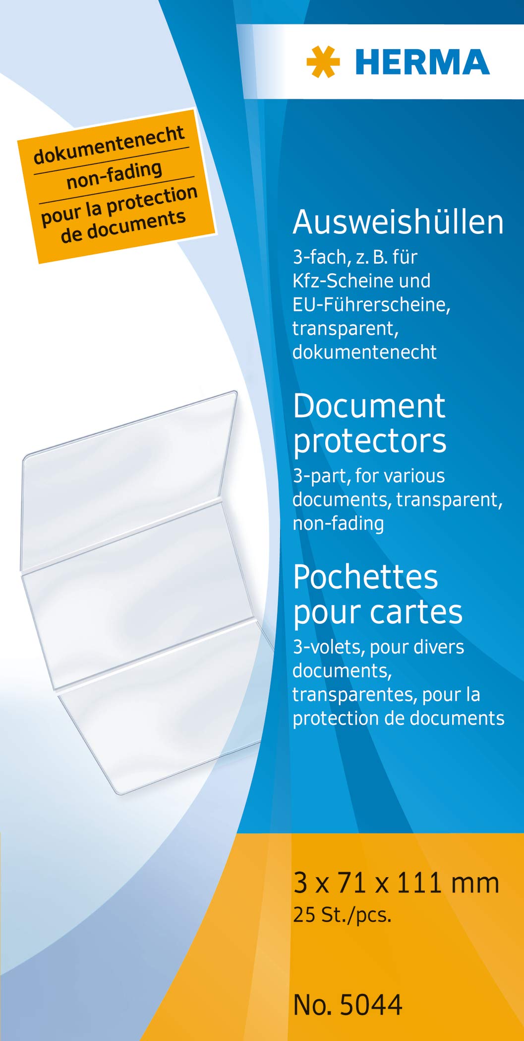 HERMA 5044 transparent ID card holder for 3 cards, 25 pieces, triple card holder for protection of vehicle registration certificates & EU driver's licenses, plastic card sleeves protective covers set, clear.