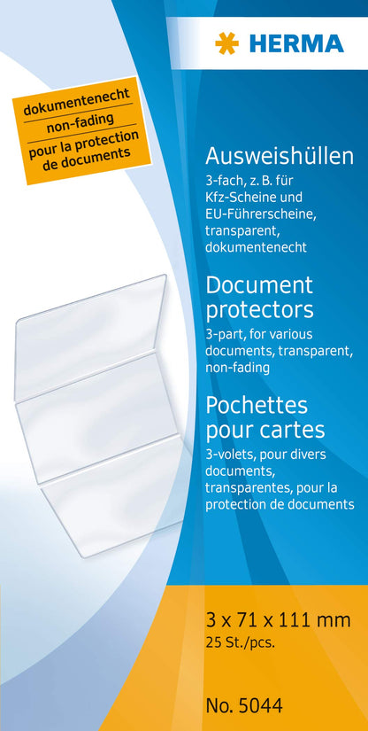 HERMA 5044 transparent ID card holder for 3 cards, 25 pieces, triple card holder for protection of vehicle registration certificates & EU driver's licenses, plastic card sleeves protective covers set, clear.