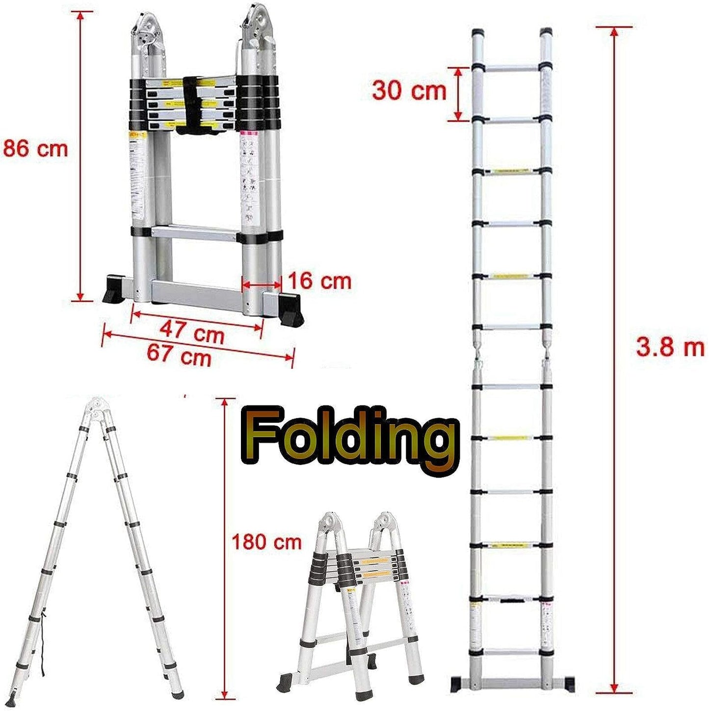 12.5FT extendable aluminum professional use telescoping ladder. Telescopic folding ladder extension 1.9m + 1.9m A-frame 3.8m ladder with stabilizer bar for building maintenance window cleaning.