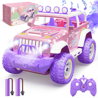 DEERC Pink Remote Control Car for Girls with Fog and Music, 1:16 RC Car with LED Lights for Kids, All-Terrain SUV Truck Gifts, Off-Road Toy Car, Girls Toy DE86-PI-DE4