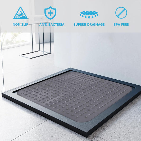 Leeko 80x80cm shower mats, non-slip bath mat with 285 suction cups and drainage holes, PVC material BPA free shower mat, mold-resistant, machine washable anti-slip bath mat (Grey)