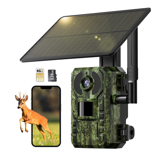 NUASI 4G LTE trail camera with SIM card, cell phone transmission app, motion sensor night vision, 2.7K 4G solar trail camera with 128G storage card, IP66 waterproof, PIR detection.