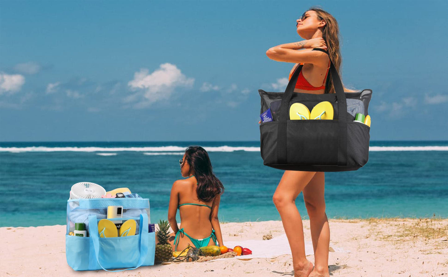 ZUXNZUX Beach Bag XXL Family, Mesh Beach Bag with Zipper, Large Foldable Ultra-light Beach Bag Sand Control, Bag Swim Bag Women Shopper Men for Summer Beach Vacation