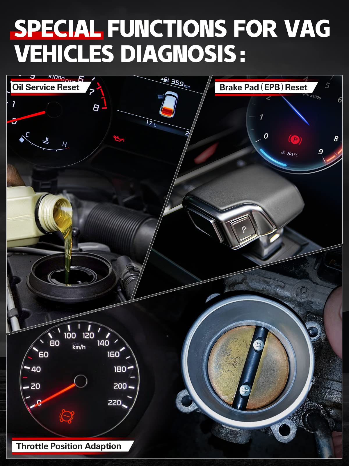 ANCEL VD500Pro OBD2 diagnostic tool for VW/Audi/Skoda/Seat vehicles. Wired, reads fault codes, engine light, EPB, oil, and TPS reset functions. Available in German.