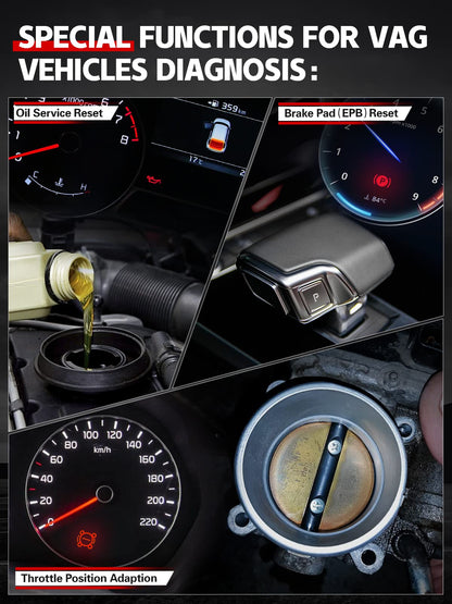 ANCEL VD500Pro OBD2 diagnostic tool for VW/Audi/Skoda/Seat vehicles. Wired, reads fault codes, engine light, EPB, oil, and TPS reset functions. Available in German.