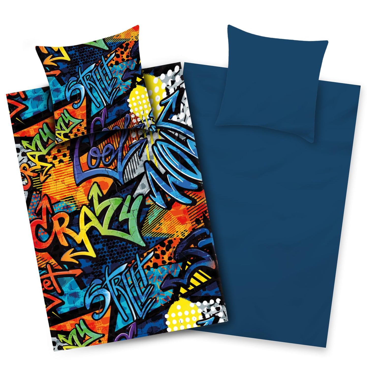 Aminata Kids microfiber bedding graffiti 135x200 girls boys teens with zipper - wrinkle-free - beneficial for allergy sufferers - colorful blue
