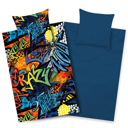 Aminata Kids microfiber bedding graffiti 135x200 girls boys teens with zipper - wrinkle-free - beneficial for allergy sufferers - colorful blue
