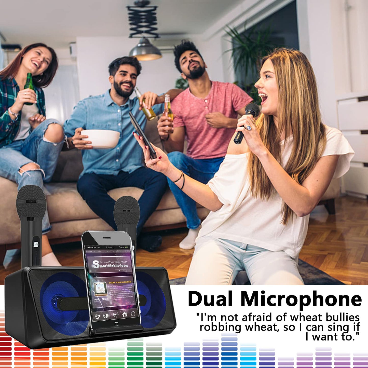 Karaoke Microphone, Portable Karaoke Machine with Bluetooth, 2 Wireless Microphones, Phone Holder, LED Light Effects, Rechargeable for Adults Kids, Supports USB TF AUX.
